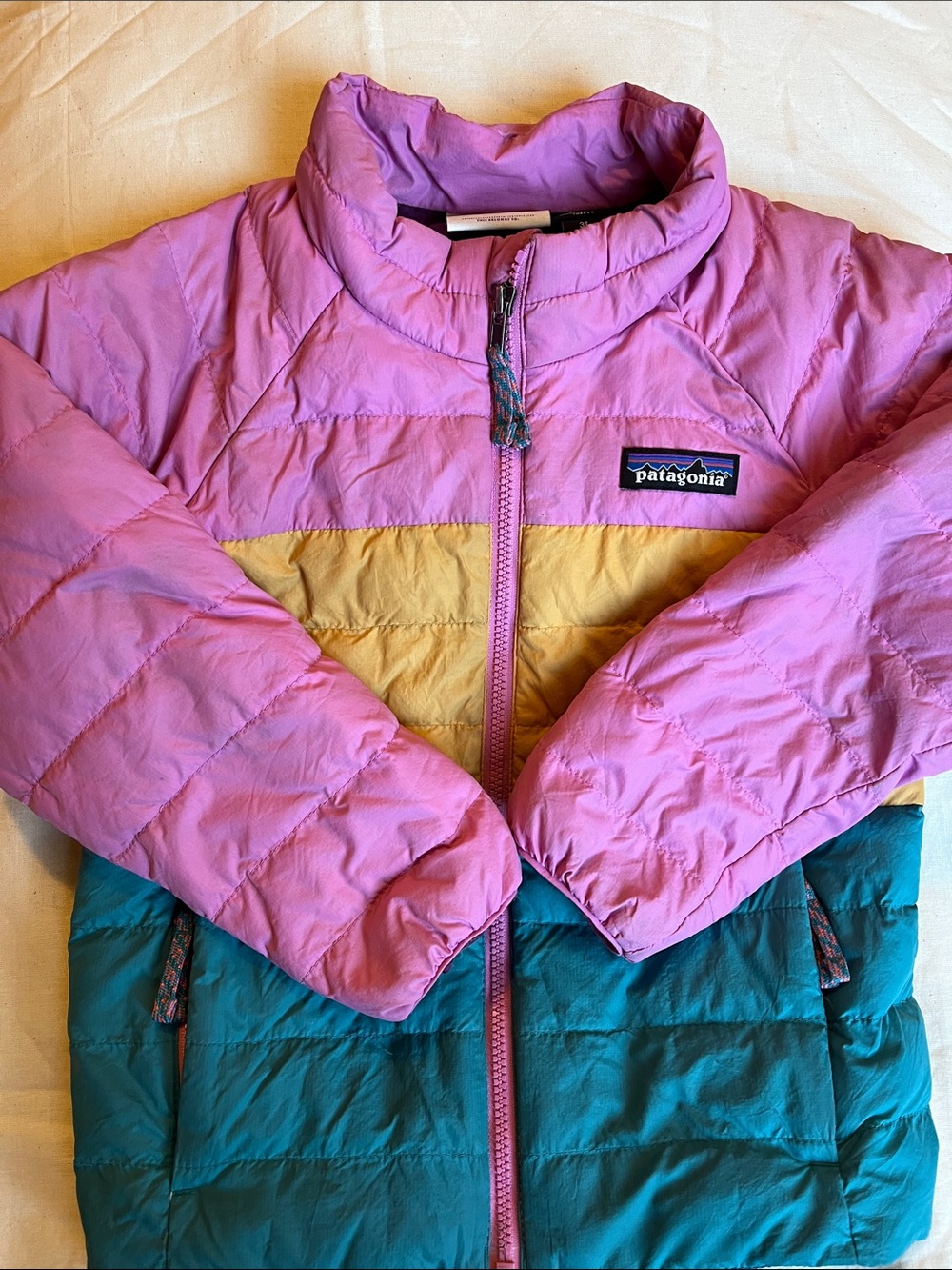 Patagonia Kids Colorblock Puffer Jacket in Pink, Yellow & Teal